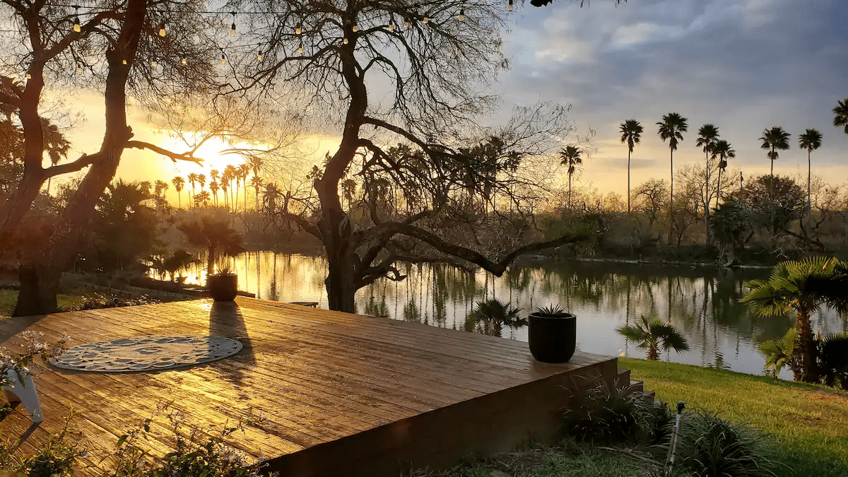 a large picture of the lake in front of the property