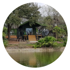 a serene picture of a cabin from across the lake